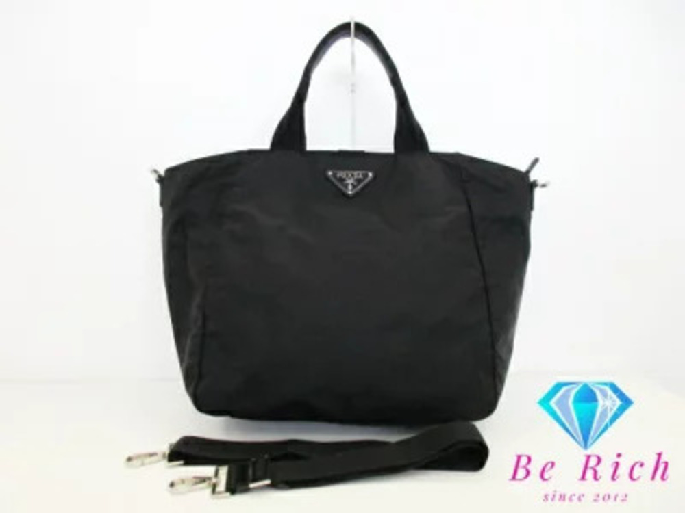 Prada tote bag NERO Black Leather Triangle Plate Pocono Shoulder Handbag